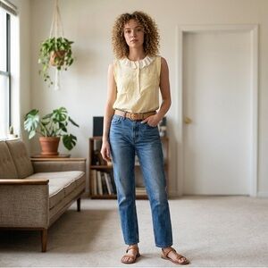 Sandro Paris Yellow 100% Silk Sleeveless Blouse White Ruffle Collar Size 1